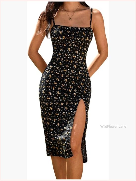 Dresses & Skirts - Spaghetti Strap Floral Cami Bodycon Midi Sundress with Side Slit